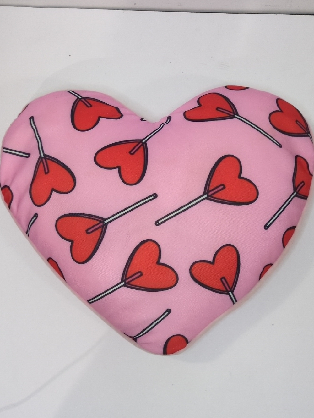 Pink Heart Shaped Pillow w/ Red Heart Lollipop Print Beaded Squishy Airplane